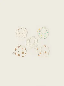 Five-pack of petal-shaped cotton muslin baby bibs with cute cartoon and heart prints