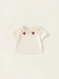 Toddler Girl Sweet Cotton Blend Top Denim Shorts Outfit Cherry Embroidery Ruffle Collar Hollow Knit Short Sleeve Clothing