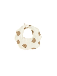 Breathable cotton baby bib with brown cartoon bear pattern and petal-shaped edges