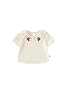 Creamy white girls' short sleeve t-shirt with lace collar and cherry embroidery