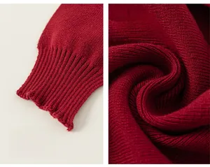 Detail view of red knitted fabric texture and ribbed cuffs for cozy children clothing