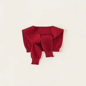 Vintage Red Knitted Shawl For Kids Soft Acrylic Blend Scarf Cape Accessory Autumn Winter Outfit For Girls Boys