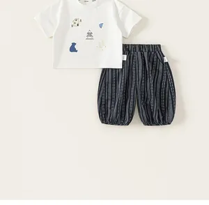 Flat lay of cotton kids summer set with cartoon print t-shirt and striped harem pants
