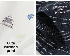 Detail of soft fabric with cartoon prints and side pocket design on children's summer set
