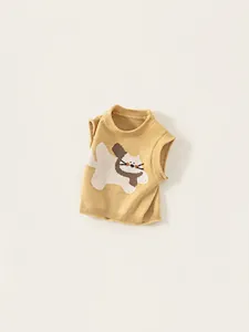 Gilet in maglia gialla per bambini con simpatico motivo animale e scollo rotondo a coste