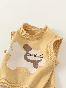 Gilet in maglia giallo per bambini con jacquard a gatto e bordi a costine