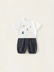 Kids summer casual set featuring cartoon white t-shirt and navy striped bloomer shorts