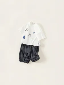 Kids' summer set with cartoon bear white t-shirt and dark striped lantern pants