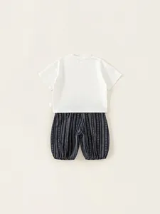 Kids summer cotton set with white t-shirt and blue vertical striped harem shorts