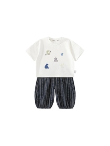 Kids summer cotton set featuring cartoon print t-shirt and blue striped bloomers