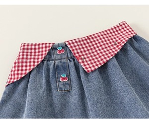Detailed close-up of girls denim skirt featuring red gingham collar and cherry buttons