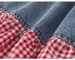 Detail of girls' outfit showing denim fabric texture and red cherry checkered pattern