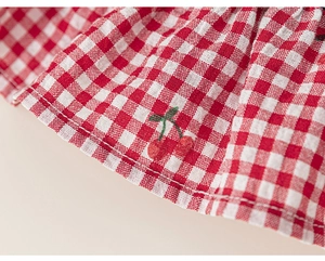 Detailed close-up of red and white plaid fabric featuring delicate cherry embroidery