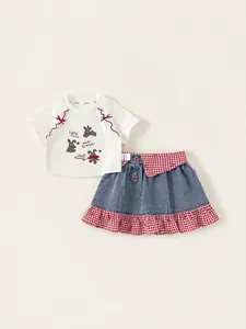 Girls Summer Clothing Set Bunny Printed Short Sleeve T-shirt With Plaid Patchwork Denim Skirt Bow Decor Trendy Kids Outfit