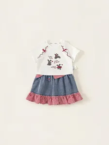 Girls summer set with cartoon rabbit white T-shirt and denim plaid patchwork skirt