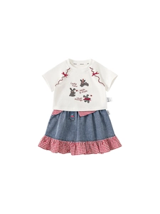 Girls summer two-piece outfit featuring white bow T-shirt and plaid denim skirt