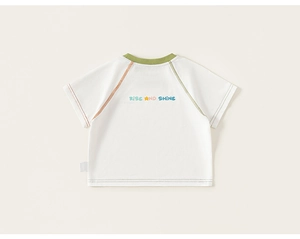 Detail of kids white cotton T-shirt featuring Rise and Shine print and contrast stitching