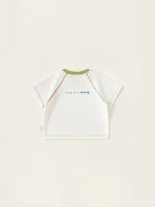 Kids cotton raglan t-shirt with green neck, rainbow stitching and Rise and Shine print