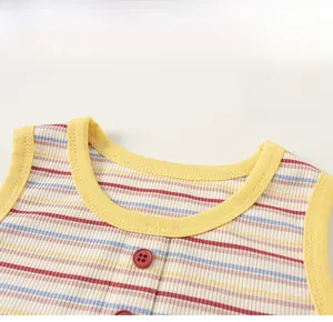 Detail of colorful striped knit vest with yellow piping and red buttons for kids