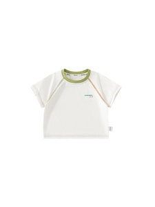 Kids white cotton T-shirt with green round neck and colorful contrast stitching detail