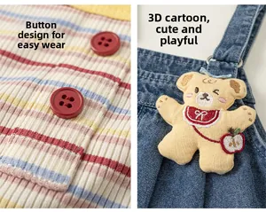 Detail of striped knit fabric with buttons and a 3D teddy bear patch on denim overalls