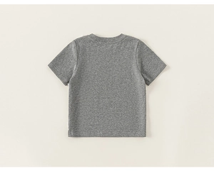 Detailed back view of grey cotton blend short-sleeve T-shirt with fine fabric texture