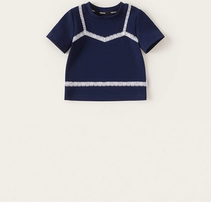 Detailed close-up of navy blue girls t-shirt featuring elegant white lace patchwork trims