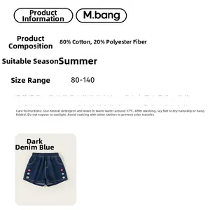 Détail du short en jean enfant 80% coton avec broderies de pommes colorées et info
