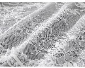 Close-up of white lace fabric with intricate floral embroidery and mesh texture on girls' top