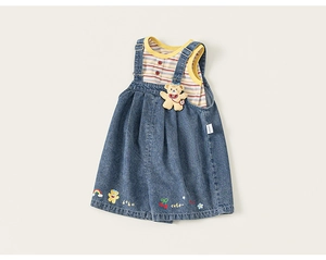 Detailed embroidery of bear and rainbow on denim dress with striped vest