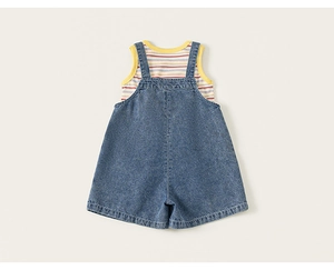 Detail of girls striped tank top and denim overall shorts set with stitching
