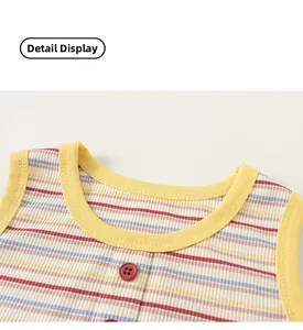 Detail of multi-color striped knit tank top with yellow ribbed neckline and red buttons