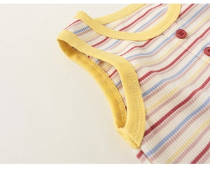 Detail of striped knit vest with yellow piping and red buttons on ribbed fabric