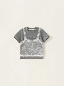Girls Sweet Cotton Short Sleeve T-Shirt With Lace Patchwork Fake Two Piece Layered Top Casual Letter Print Bow T-Shirt Kids Clothing