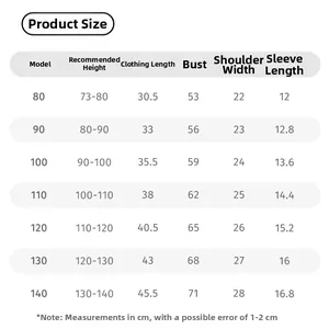 Size chart for girls lace t-shirt with height, chest, and length measurements in centimeters