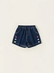 Short en Jean Filles Mélange de Coton Taille Élastique Broderie Pomme Mignonne Bleu Foncé Short d'Été Enfant