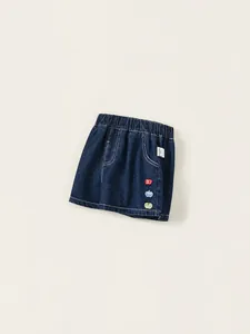 Jupe en jean bleu foncé pour filles avec broderies de pommes et taille élastique