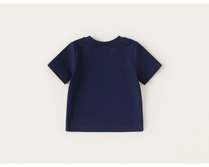 Detailed view of the dark blue girl's cotton T-shirt showing fabric texture and round neckline
