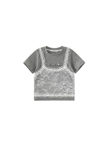 Girls' grey short sleeve T-shirt with white lace layers and silver bow detail