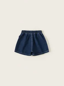 Short en jean bleu foncé pour filles avec taille élastique et surpiqûres blanches