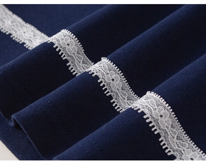 Detailed view of navy blue cotton fabric with delicate white lace trim on the kids t-shirt