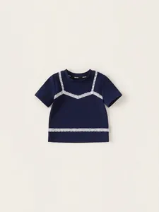 Girls Navy Blue Short Sleeve T-Shirt Cotton Lace Patchwork Fake Two Piece Summer Top For Kids Mori Girl Style Casual Clothing
