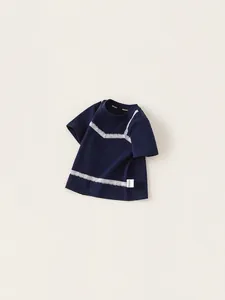 Girls dark blue short sleeve T-shirt with white lace trim and stylish round neck