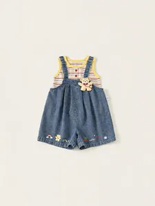 Girls Summer Clothing Set Rainbow Striped Sleeveless Vest Top And Cartoon Bear Denim Overalls 2 Piece Kids Casual Outfit