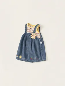 Girls striped tank top and denim overall dress set with cute rainbow and bear embroidery