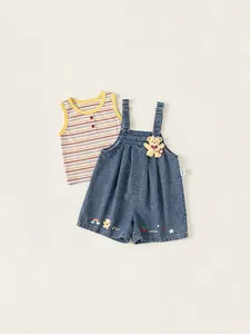 Girls summer outfit set with rainbow striped tank top and embroidered denim overalls