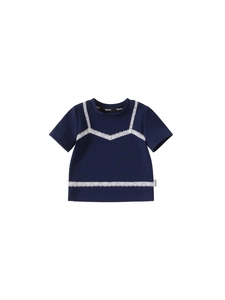 Girls dark blue short sleeve t-shirt with white lace details and round neck