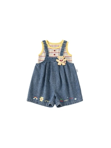 Girls striped sleeveless top and denim overalls with cute teddy bear embroidery set