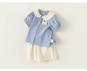 Detail of baby girl summer plaid shirt with doll collar and cute cat patch applique