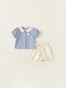 Girls summer plaid shirt with Peter Pan collar and shorts set, Class A safety standard